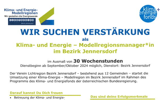 Lichtregion Jennersdorf sucht Klima- und Energie - Modellregionsmanager*in im Bezirk Jennersdorf