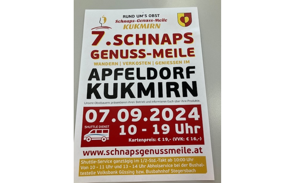 7. Schnaps Genuss Meile Kukmirn, 7. September 2024, 10:00 – 19:00 Uh