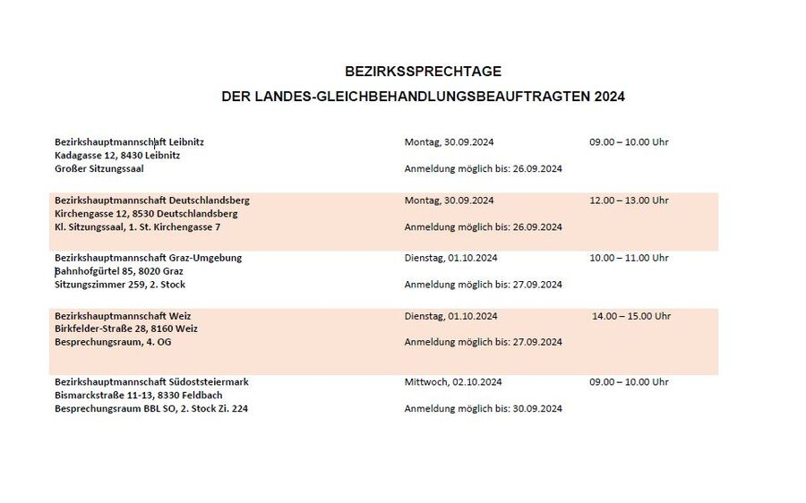 Bezirkssprechtage 2024 - Landes-Gleichbehandlungsbeauftragten 2024