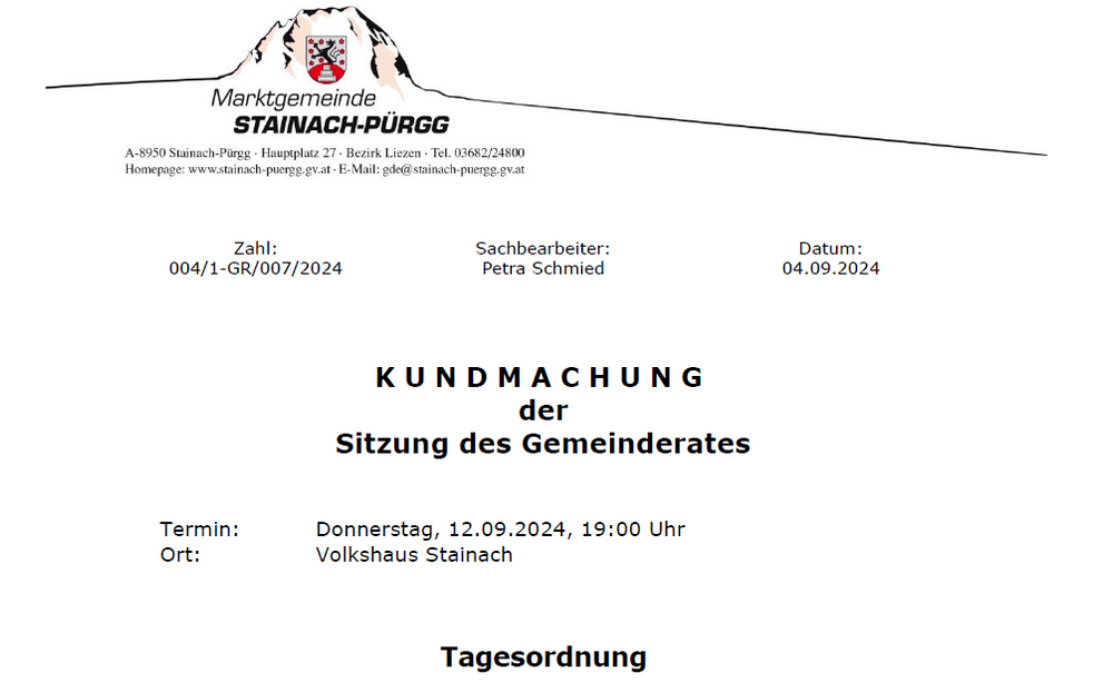 Kundmachung der Sitzung des Gemeinderates