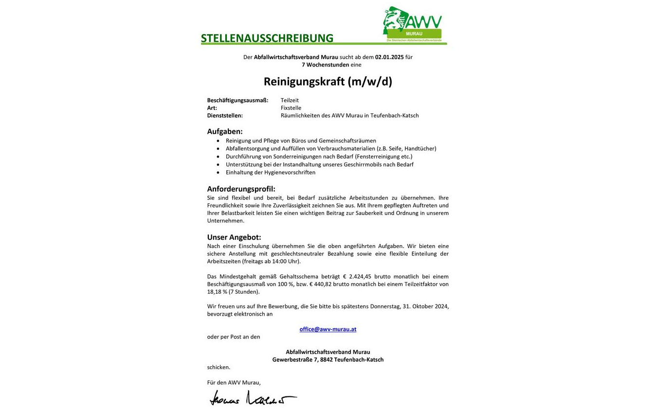 AWV Murau - Stellenausschreibung: Reinigungskraft (m/w/d)