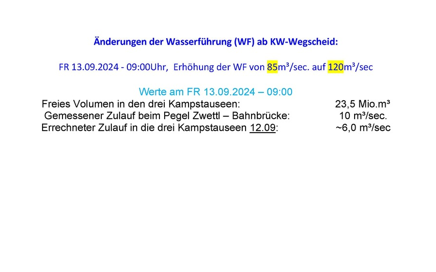 Änderungen der Wasserführung (WF) ab KW-Wegscheid:   FR 13.09.2024 - 09:00Uhr