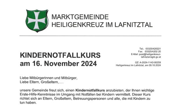 KINDERNOTFALLKURS am 16.11.2024, im Bildungszentrum Heiligenkreuz i.L.