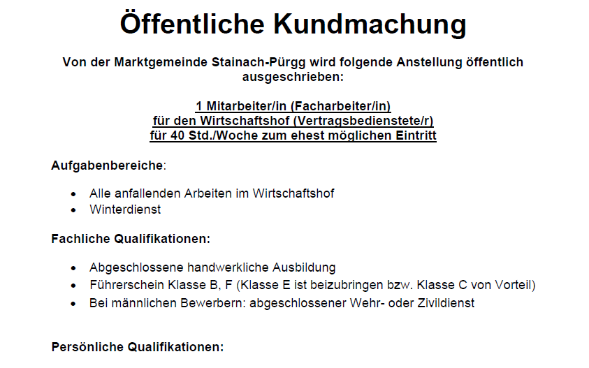 Kundmachung - Stellenausschreibung Facharbeiter Wirtschaftshof