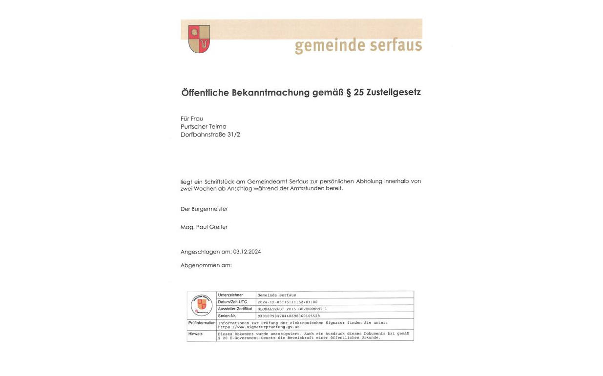 Öffentliche Bekanntmachung gemäß § 25 Zustellgesetz