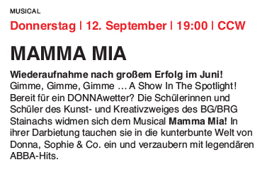 12.09.2024 MAMMA MIA - Wiederaufnahme nach großem Erfolg im Juni!, CCW Stainach