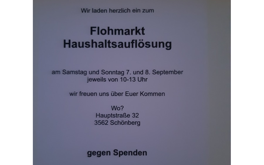 07.09.2024 Flohmarkt - Haushaltsauflösung, Hauptstraße 32, 3562 Schönberg