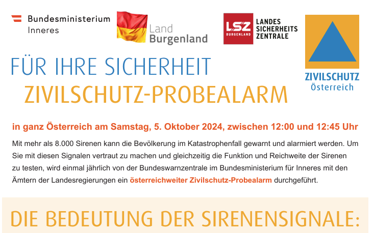 Zivilschutz-Probealarm am Samstag den 05. Oktober 2024 