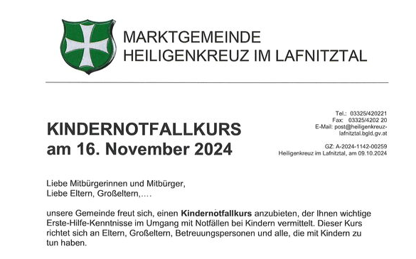 16.11.2024 Kindernotfallkurs am 16.11.2024, im Bildungszentrum Heiligenkreuz i.L.