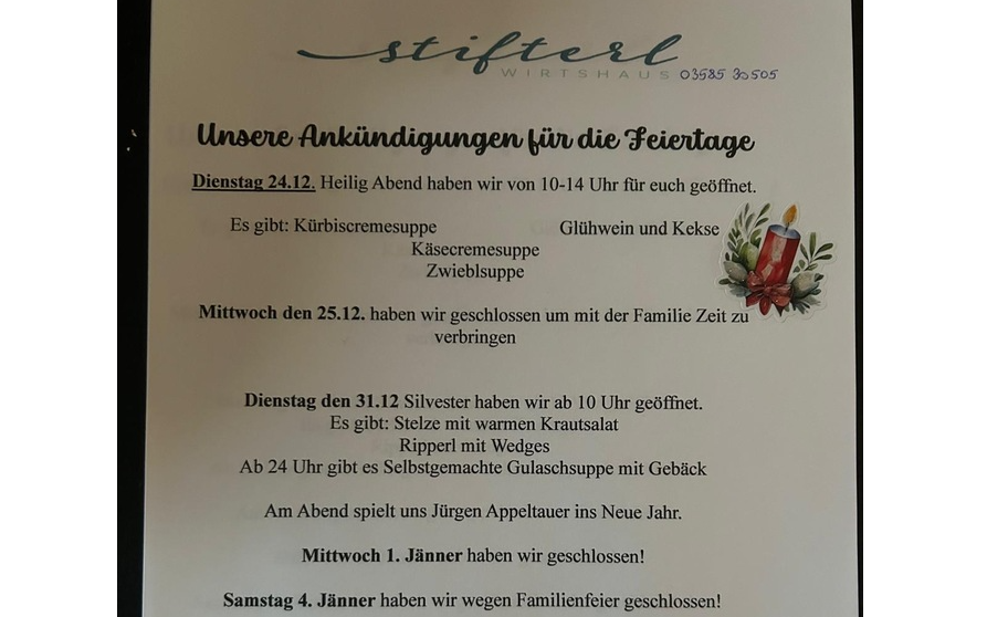 24.12.2024 Ankündigungen für die Feiertage, Stifterl