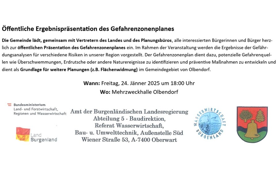 24.01.2025 Öffentliche Ergebnispräsentation des Gefahrenzonenplanes in der MZH Olbendorf, Mehrzweckhalle Olbendorf